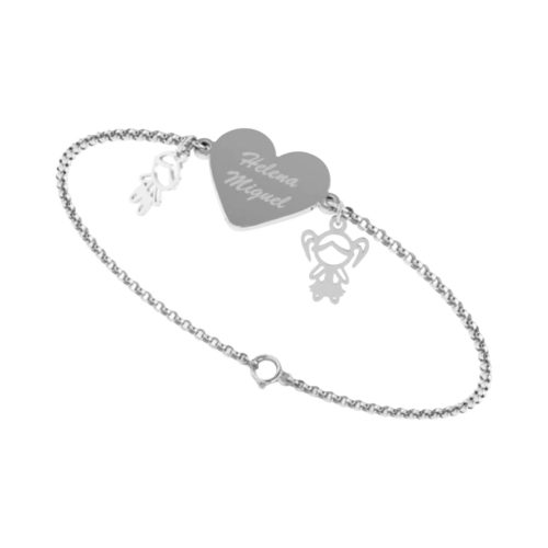 PULSEIRA COM PIGENTE DE MENINO E MENINA E COM CORAÇÃO PERSONALIZADO EM PRATA
