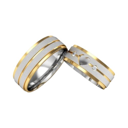 Alianças em namoro em prata acetinada com coração vazado com friso banhadas em ouro com pedras de zircônia 7,5 mm 12g